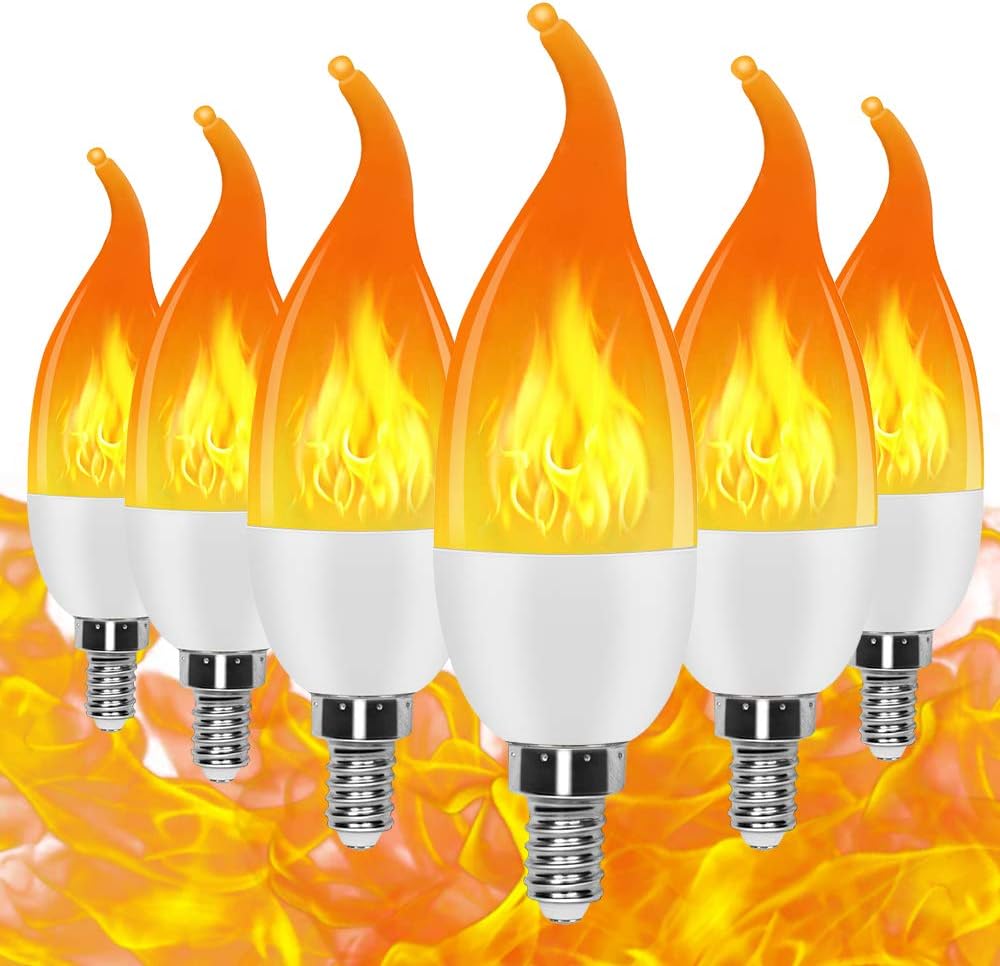 E12 Flame Bulb LED Candelabra Light Bulbs, Warm White LED Chandelier Bulbs, Candle Light Bulbs Flame Tip for Hotel Bar Wedding Easter Paty Decor 6 Packs