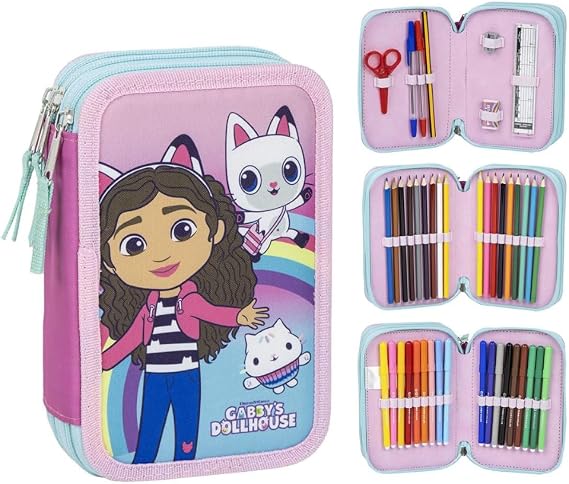 CARTOON Multi-compartment pencil case with 3 zips for school complete pens pencils colours markers, Gabby's Dollhouse, Multi-compartment pencil case