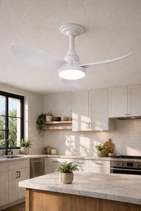 Beyaz LED Tavan Vantilatörü | Sessiz Motor, 6 Kademe Hız Ayarı, 3 Renk Dimmer'li Aydınlatma, Uzaktan Kumandalı [Enerji Sınıfı A]
