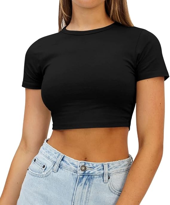 Womens Crop Summer Tops Short Sleeve Casual Cropped Gym Tshirt
