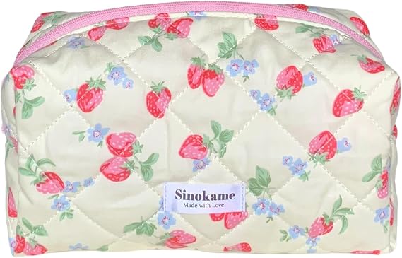 SINOKAME Cute Quilted Makeup Bag, Coquette Strawberry Skincare Pouch Aesthetic Cosmetic Travel Skincare Brush Organizer Pouches Makeup for Women,Cream Berry
