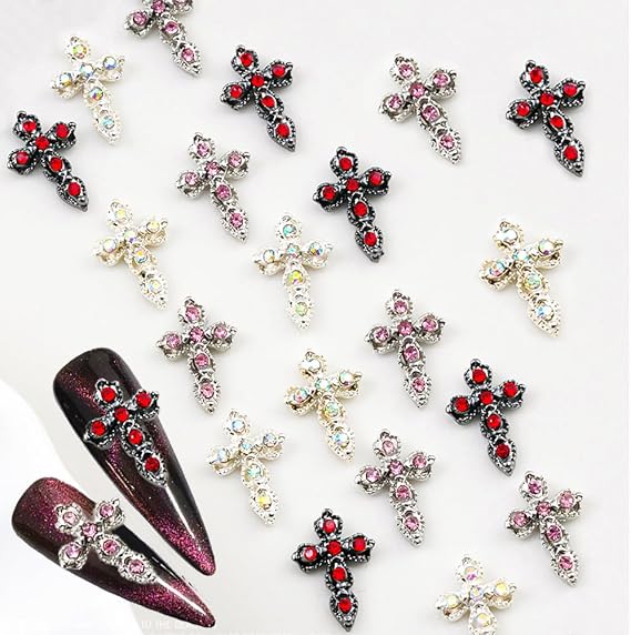 Cross Nail Charms - 3D Gems Nail Cross Charms Decorations, 15Pcs, Gothic Cross Nail Art Rhinestones, Cross Charms for DIY Designs Supplies