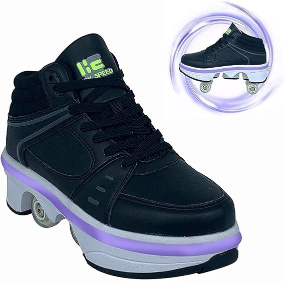 MU Roller Automatic Dual Skates, Quad-Wheeled Roller Shoes Automatic Walking Shoes with 7 Colors Led Light Unisex Skating Shoes Recreation Sneakers,Black,35Eu/6Us