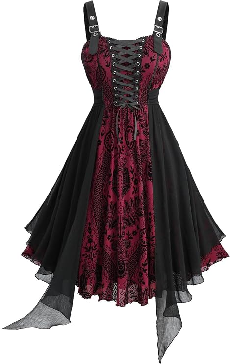 ROSE GAL Plus Size Womens Vintage Gothic Flower Flocking Lace-up Buckles Straps Sleeveless Midi Dress