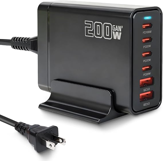 200W USB C Charger, GaN III PD 100W 6-Port Charging Station for Multiple Devices, Portable Laptop Fast Charging, Adapter for iPad iPhone 17 16 15 14 13 12, MacBook Pro Galaxy, 5ft Cord