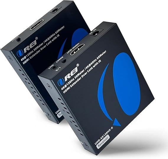 OREI 4K @ 120hz HDMI Over Ethernet Extender Balun - UltraHD 4:4:4 Over Single CAT6/7 Cable with HDR, IR Control, RS-232 - Up to 100 Ft with CAT6/7 Audio L/R Out (UHD-EX120HZ-K)