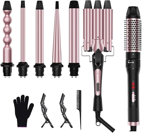 6 in 1 Curling Iron, Curling Wand Set with 3 Barrel Curling Iron and 5 Interchangeable Ceramic Curling Wand (0.35"-1.25), Thermal Brush 1.5 inch