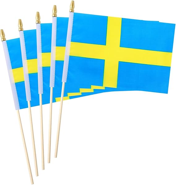 5 Pack Sweden Small Mini Wood Hand Held Stick Flag,Suitable For Various Holiday Parties, World Cup, National Day, And National Flag Day.