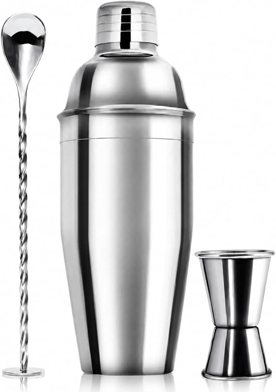 Paslanmaz Çelik Kokteyl Shaker Seti 750 ml, 3 Parça Dahili Süzgeçli İçecek Hazırlama ve Karıştırma Seti, Burgulu Kaşıklı Çift Taraflı Jigger Ölçülü Ev Barı Mutfak Sunumu İçin Kokteyl Shaker Seti