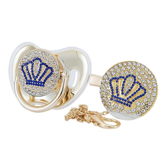 Handmade Bling Baby Gold Blue Crown Pacifier and Clip Set Unique Gift for Baby Shower