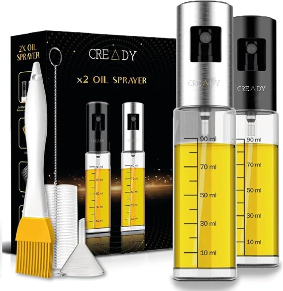 CREADY | 2-Pack Kitchen Oil Spray 100ml | Oil Sprayer | Air Fryer Oil Spray | Multipurpose Sprayer | Stainless Steel & Glass | Reusable & Non-Slip | 100ml Capacity