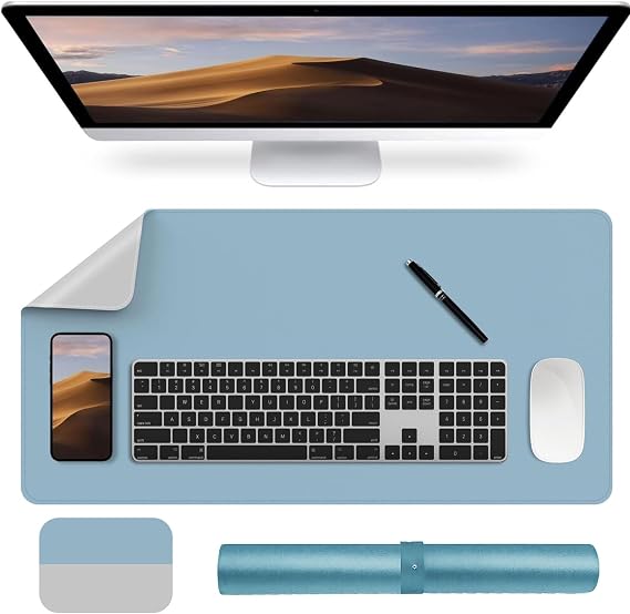 Leather Desk Pad Protector, Mouse Pad,Office Desk Mat, PU Leather Dual Side Large Mouse Pad, 11.8"x23.6" Gray + Blue Non-Slip and Waterproof Writing Mat for Office Work/Home/Decor