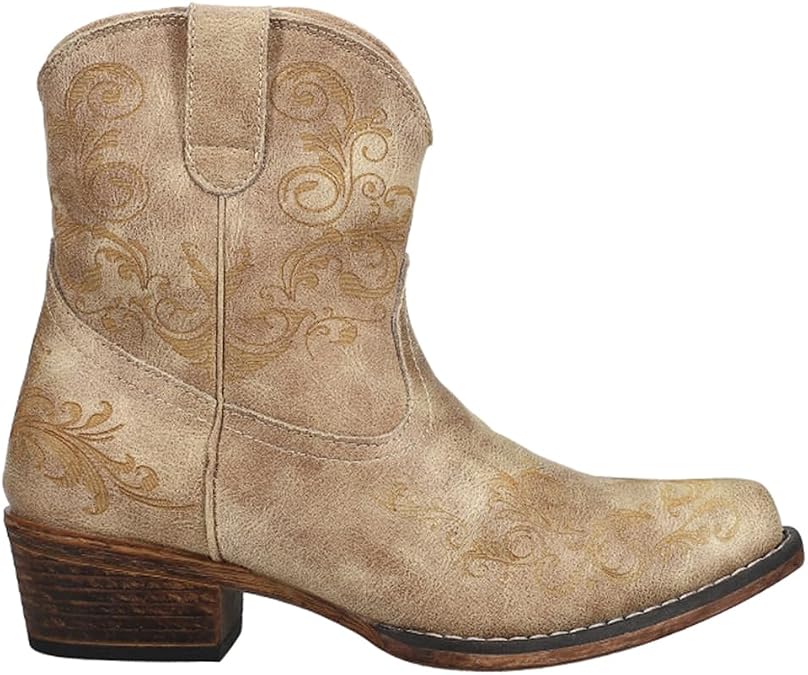 ROPER Womens Short Stuff Embroidery Snip Toe Casual Boots Ankle Low Heel 1-2" - Brown - Size 7 B