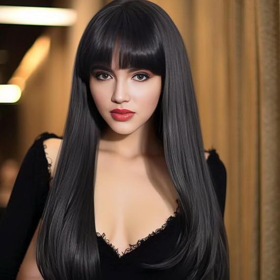 BERRYLION Black Wig with Bangs|Synthetic Wigs for Women|Straight Long Black Wigs for Black Women 27 inch