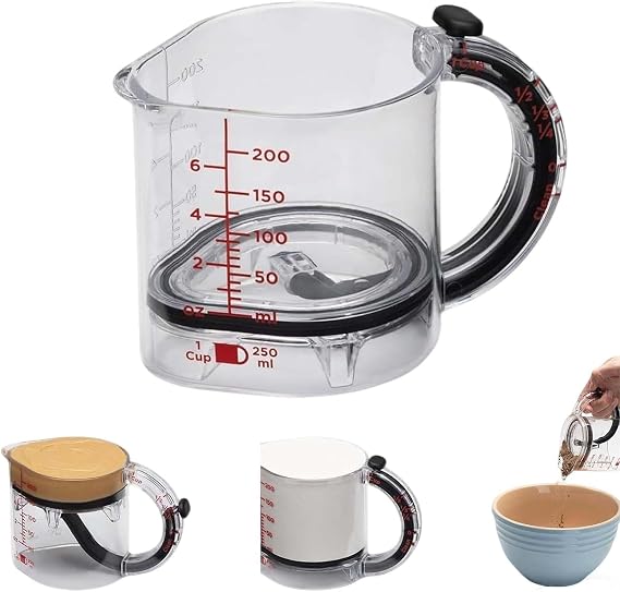 4-in-1 Adjustable Measuring Cup, 250ml Jug with Ml Markings, Scraper Base for Liquids & Dry Ingredients Space-Saving Design for Baking & Cooking