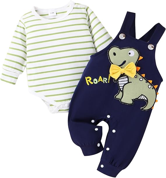 Baby Boy Clothes Newborn Outfits Fall Winter Striped Romper Infant Cartoon Overall Adjustable Suspender Pants Set