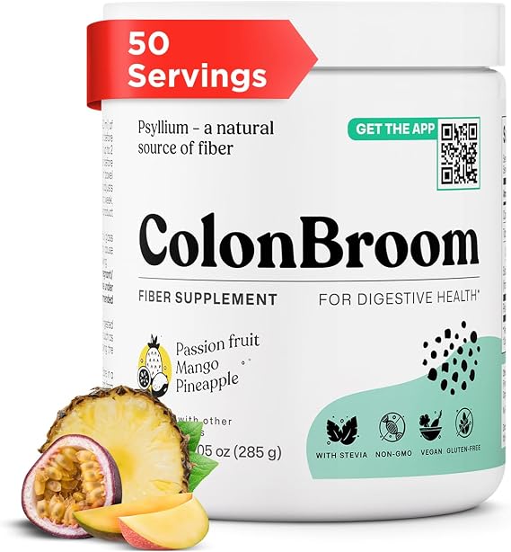 ColonBroom Psyllium Fiber Powder with Stevia, Tropical Fruits, 50 Serv | Vegan colon cleanse drink for bloating relief and gut health; stevia sweetened, easy to mix fiber, non-GMO*
