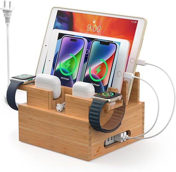 Pezin & Hulin Bamboo Phone Charging Station with 5-Port Charger & 5 Cables | Desktop Docking Station with 2 Watch & Earbuds Holders for Multiple Devices, Desk Organiser for Phone, Watch & Earbuds