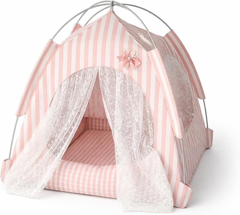 Busstier Katlanabilir Yazlık Kedi Evi File Panelli Taşınabilir Minderli Evcil Hayvan Çadırı 35x35x35 cm İç Minderli Nefes Alabilir Taşınabilir Kedi Köpek Evi Konforlu Uyku Alanı (Pembe)
