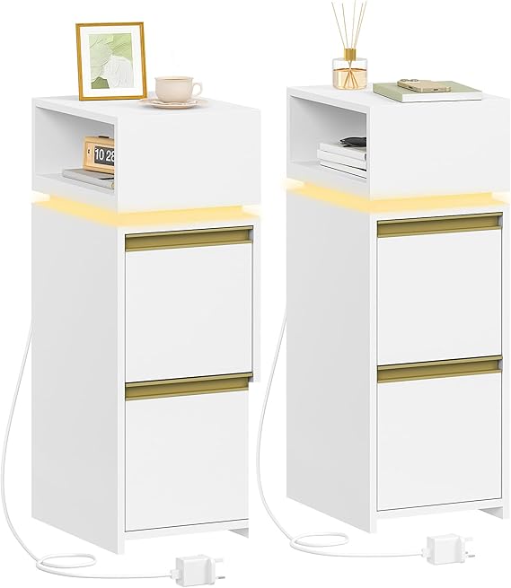 HEXCELEN Slim Bedside Tables Set of 2, Bedside Cabinet with LED Lighting