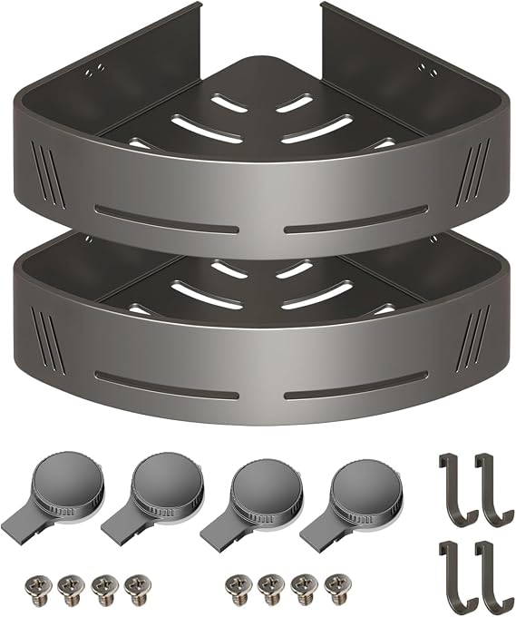 Gun Grey Corner Shower Caddy, 2 Pack Suction Cup Shelves with Hooks