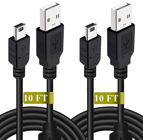 2 Pack 10ft PS3 Controller Charger Cable - Fast Mini USB Data Charging Cord for PS Move PlayStation 3 Wireless Controller, TI84 Plus CE, Digital Camera