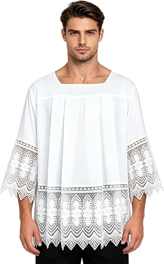 White Surplice Pastor Robe Catholic Pleated Lace Liturgical Short Sleeves Shirt Top