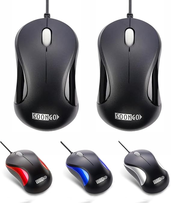 SOONGO Computer Mouse 2 Pack Mini USB Mouse for Laptop Designed USB Optical Wired Mice for Office and Home use Compatible with Computer Laptop PC Desktop Windows 7/8/10/XP Vista and Mac Black Color