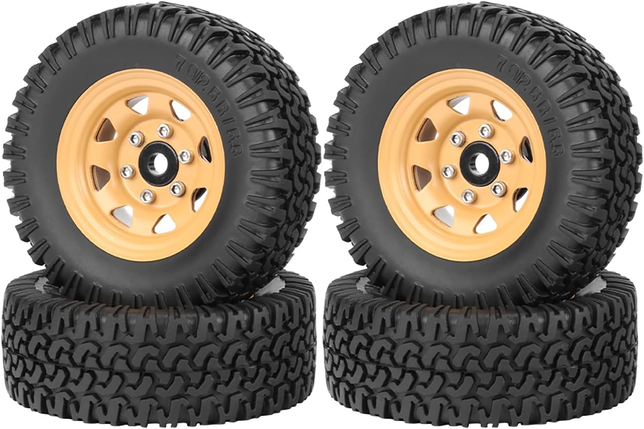 4PCS RC Car Tyre and Wheel Set,WONFAST 1.55 inch Beadlock Aluminum Alloy Metal Wheel Rim Rubber Tire 76mm for 1:10 RC Crawler Car for Tamiya CC01 CC02 LC70 JIMNY Axial AX90069 D90 TF2 Yellow