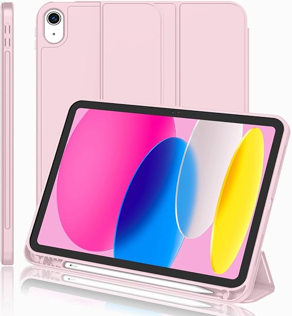 iMieet iPad (A16) Case/iPad 10th Generation Case [11-Inch 2025/10.9 Inch 2022] with Pencil Holder, Trifold Stand Smart Cover with Soft TPU Back,Auto Wake/Sleep(Pink)
