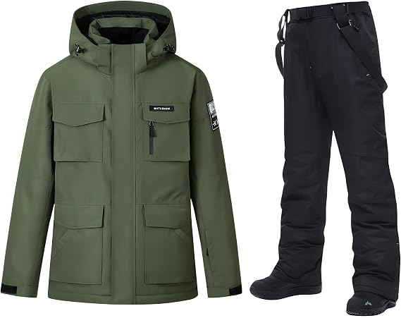 Men's Ski Jacket and Pants Set,Insulation Snowboard Bibs Snow Suit | 15K Waterproof,10K Breathable Windproof,Removable Hood,Underarm Vents Zippers,Detachable Shoulder Straps for Snowboarding