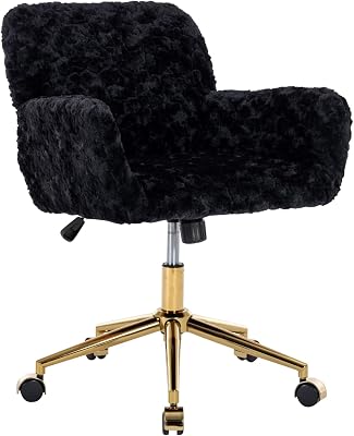 Warmiehomy Furry Cute Office Chair- Modern Swivel Desk Chair with Wheels- Makeup Vanity Chairs with Back - Alpaca Fleece Upholstered Rolling Chairs for Vanity Makeup Room Girls Women Black