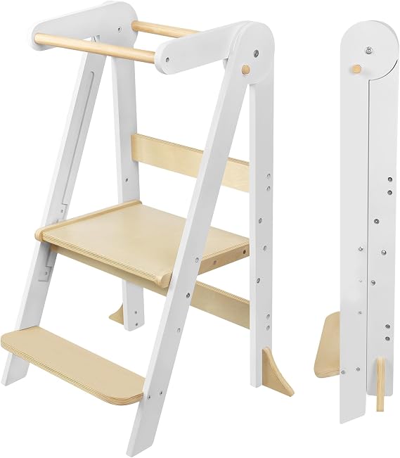 Foldable Toddler Step Stool for Kitchen - Adjustable Wooden Kitchen Helper with Safety Rail & Anti-Tip Feet, Montessori Counter Standing Tower for Kids 2-6 Years (White)