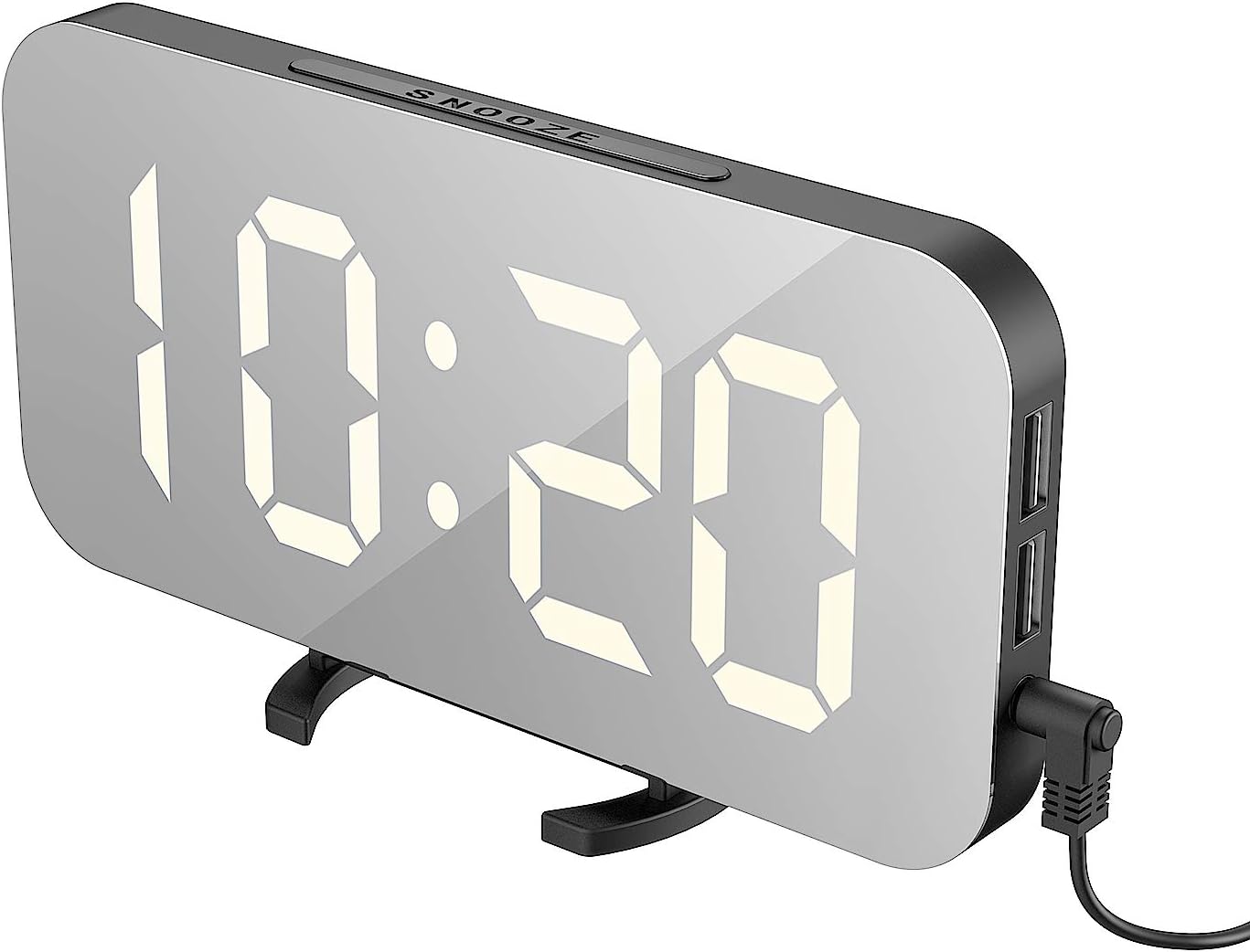 EXTSUD LED Mirror Alarm Clock, Portable LED Mirror Alarm Clocks,HD Digital Alarm Clock, Table Clock Travel Watch with Large Screen 12  24H display, USB port for Smartphone, White, EN8810