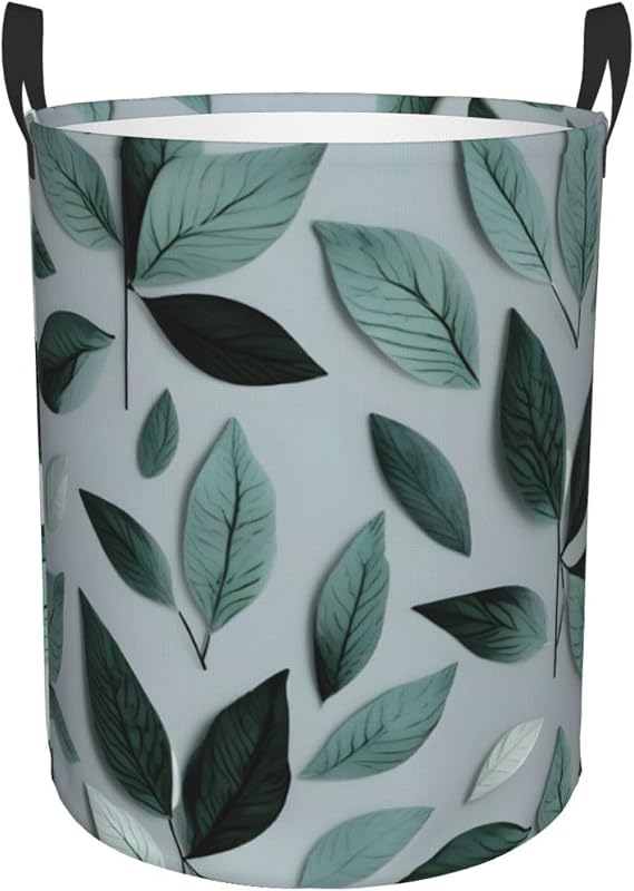 Mint Gray Leaf Round Dirty Laundry Basket,Ideal Dirty Clothes Bag For Household Essentials Storage Needs