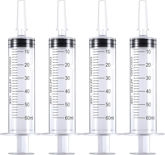 60ml needless syringe, liquid syringe with cap, mouth, scientific laboratories, measurement, pack of 4