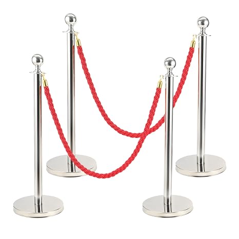 2Pcs Queue Barrier Posts Crowd Control Stanchions with 1.5M Ropes Stainless Steel Retractable Belt Barriers with Weighted Bases for Events Airports Hotels Restaurants (Silver/Red)