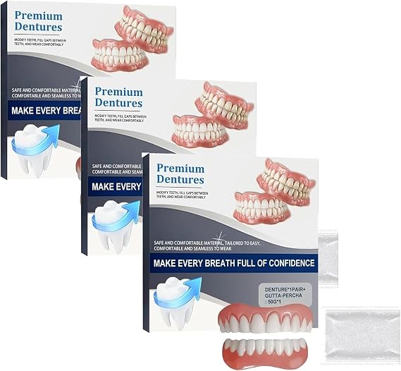 Advanced Customized Full Denture Set, Premium Silicone Full Set Dentures, Silicone Reline Denture Set, Soft and Comfortable, Natural-Looking Teeth (3 PCS)