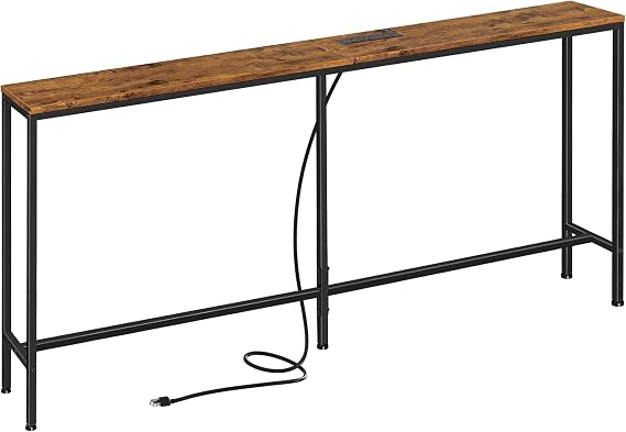 SUPERJARE 70 Inch Sofa Table with Outlet,Rustic Brown | 7.9 Inch Console Table with Charging Station,Narrow Entryway Table, Skinny Hallway Table, Behind Couch Table, for Living Room