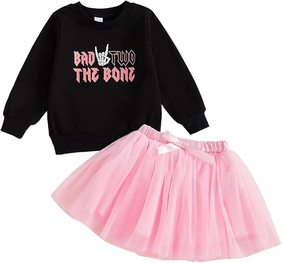 2nd Birthday Outfit Girl Baby Short Sleeve Bad Two The Bone Shirt Mesh Tulle Skirt Cute Birthday Clothes 2Pcs