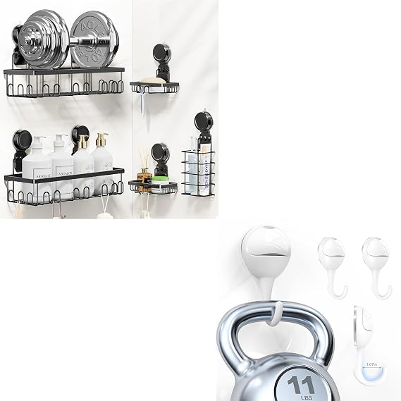JOTPE Bundle 5-Pack Suction Cup Shower Shelf & Large Big J Suction Cup Hooks