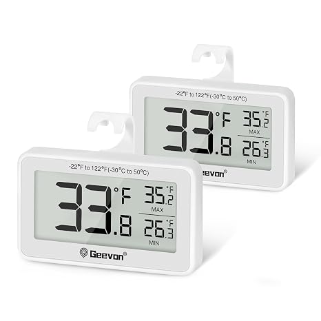 Geevon 2 Pack Refrigerator Thermometer Digital Fridge Thermometer IP65 Waterproof with Large LCD Display,Max/Min Record Function,Magnetic Back,for Fridge,Freezer Scenarios