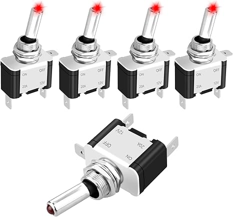 Linkstyle 5PCS 12V LED Toggle Switch, 3 Pin SPST 20A ON/Off Red Lighted Rocker Toggle Switch, for Auto Car Marine RV Vehicles Truck Boat Dash