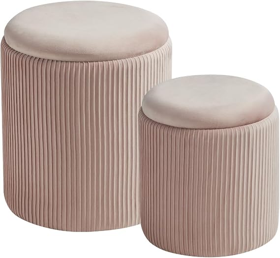 BLEXA Set of 2 Round Storage Ottoman, Velvet Pink Ottoman with Storage