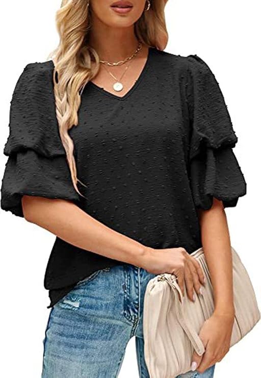 Womens Puff Sleeve Summer Tops Chiffon V Neck Swiss Dot Casual Blouse