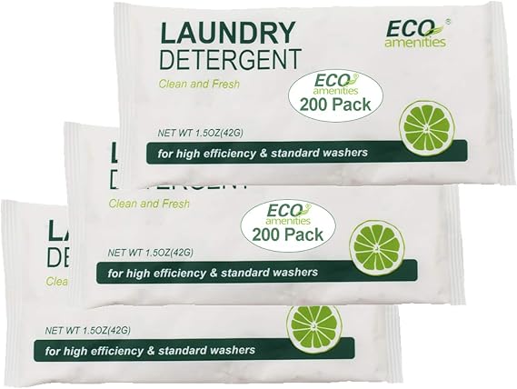 ECO amenities Laundry Detergent - 200 Count, 1.5 oz Packets, Lemon-Scented - Bulk Powder Laundry Detergent Individual Packs for Hotels, Travel & Commercial Use
