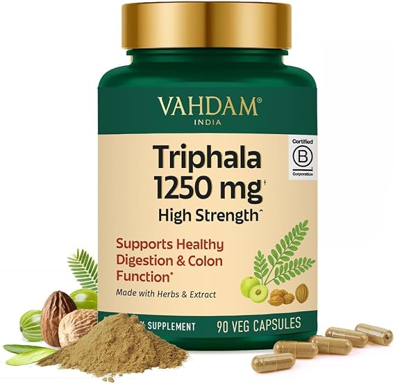 VAHDAM Triphala Capsules 1250 mg - High Strength Supplement with Amla, Bibhitaki, Haritaki Extract | Supports Healthy Digestion & Colon Function | 90 Capsules