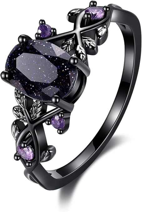 Blue Sandstone Gothic Leaf Ring for Women 18K Black Gold Plated Vine Promise Statement Ring, Engagement Wedding Band Jewelry Gifts