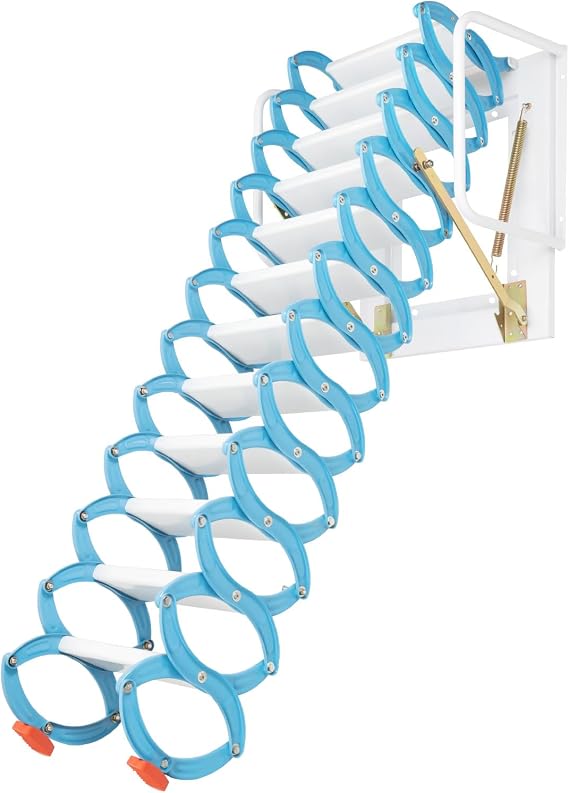 Foldable Attic Stairs, 12 Steps Wall Mounted Folding Stairs, Attic Steps Pull Down Attic Stairs Retractable Attic Ladder Al-Mg Alloy Loft Ladder Stairs Attic Steps, Capacity 1100lb -Blue