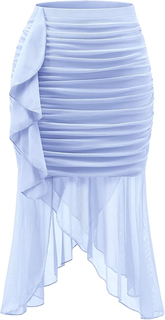 DRESSTELLS Asymmetrical Stretchy Mesh Skirt, 2025 Ruched Bodycon High Waisted Flowy Wrap Skirts
